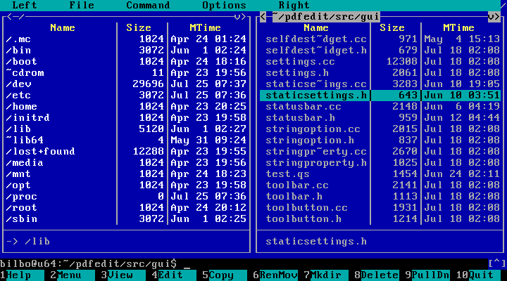 Midnight Commander, or mc for short, is a free clone of Norton Commander developed as part of the GNU Project. Just like its DOS predecessor, it offers a two-panel view in a terminal or terminal emulator and is one of the better-known console applications on Linux. First released: 1994